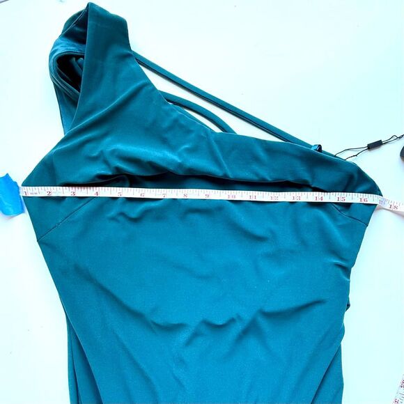 NWT Ieena for Mac Duggal One Shoulder Draped Back Gown in emerald green (Style # - Picture 12 of 14